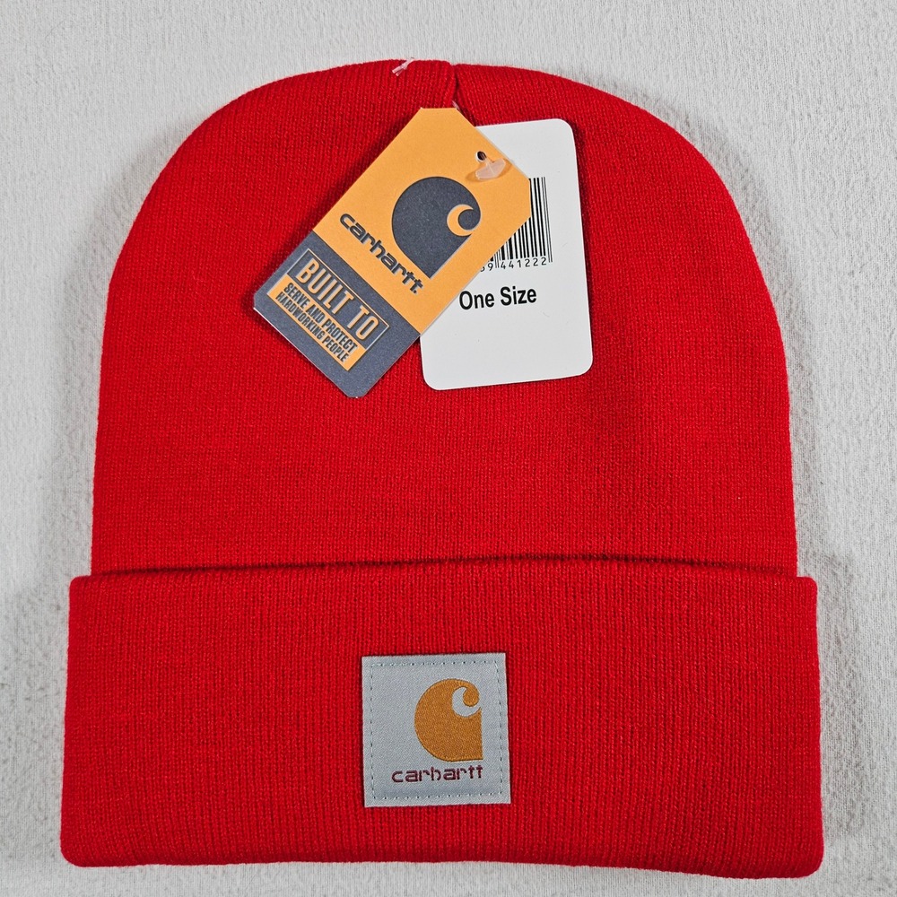 Carhartt Acrylic Watch Hat Unisex One Size Red Ribbed Knit Logo Beanie NWT
